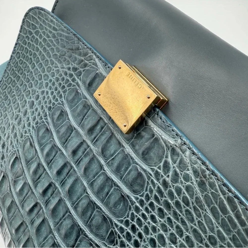 💎RARE GEM💎 Genuine CELINE Croc Embossed Trapèze Bag - RARE TEAL COLOR‼️ - Picture 11 of 15